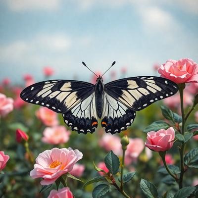 The primary subject of the image is a butterfly, which is perched on a flower. The setting is a garden with a variety of flowers, creating a vibrant and colorful backdrop. The visual style of the image is a close-up of the butterfly on a flower, showcasing the intricate details of the butterfly's wings and the flower's petals. The colors and mood of the image are predominantly pink, which adds a sense of warmth and beauty to